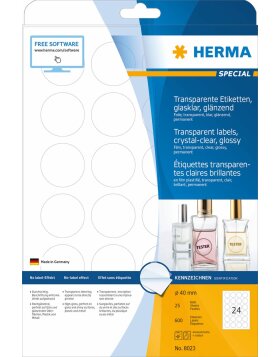 HERMA Labels transparent crystal-clear  A4 Ø 40 mm round transparent clear film glossy 600 pcs.