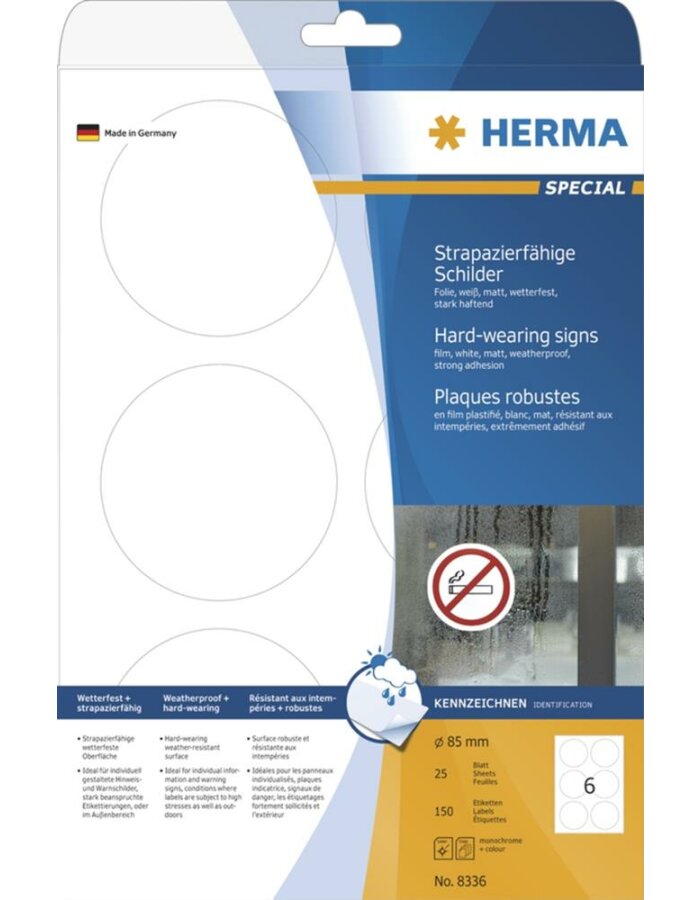 HERMA 8336 Schilder strapazierfähig A4 Ø 85 mm rund weiß stark haftend Folie mat 