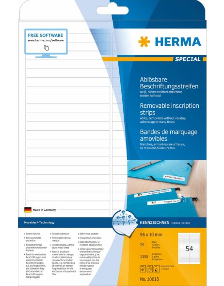 HERMA Bande dinscription d&eacute;tachable A4 96x10 mm blanc Movables-amovible papier mat 1350 pcs.