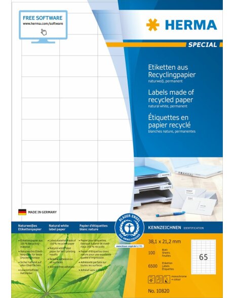 HERMA Etiketten A4 naturwei&szlig; 38,1x21,2 mm Recyclingpapier matt mit Blauem Engel-Zertifikat 6500 St.