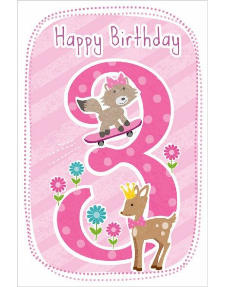 Artebene Card Buon Compleanno Bambini 3 anni rosa
